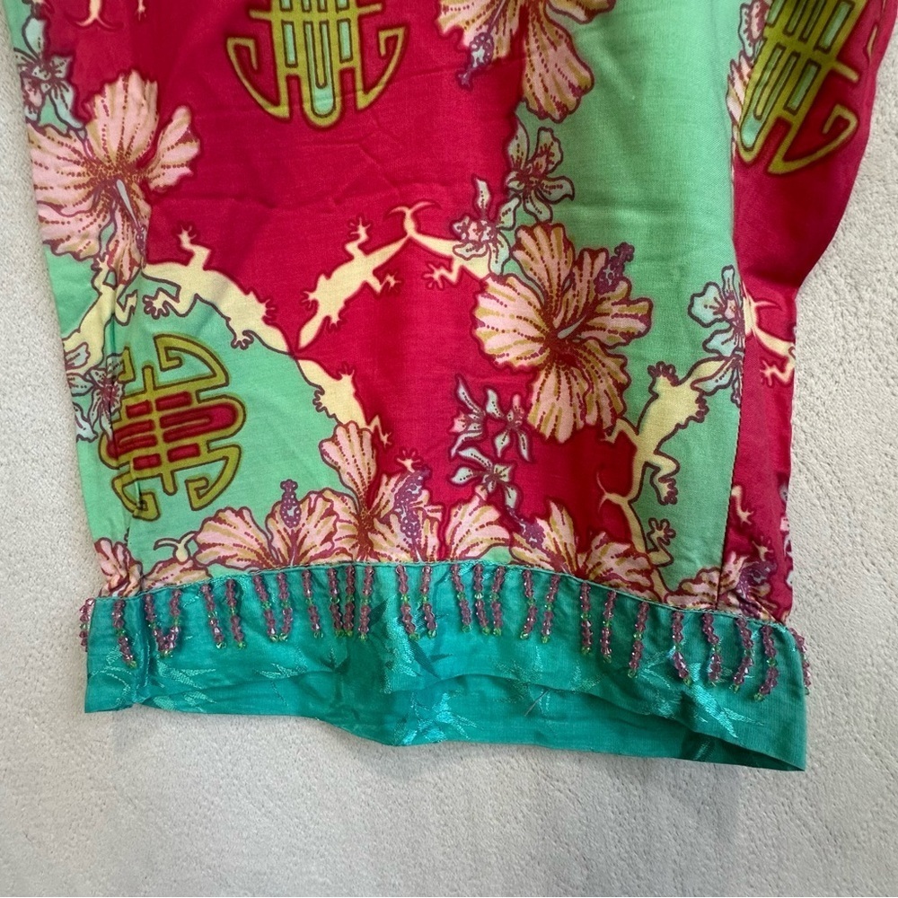 Vintage Rainbow Jo Tropical Floral Pink & Mint Pants Sz L Beaded Button Hawaiian - Picture 2 of 15